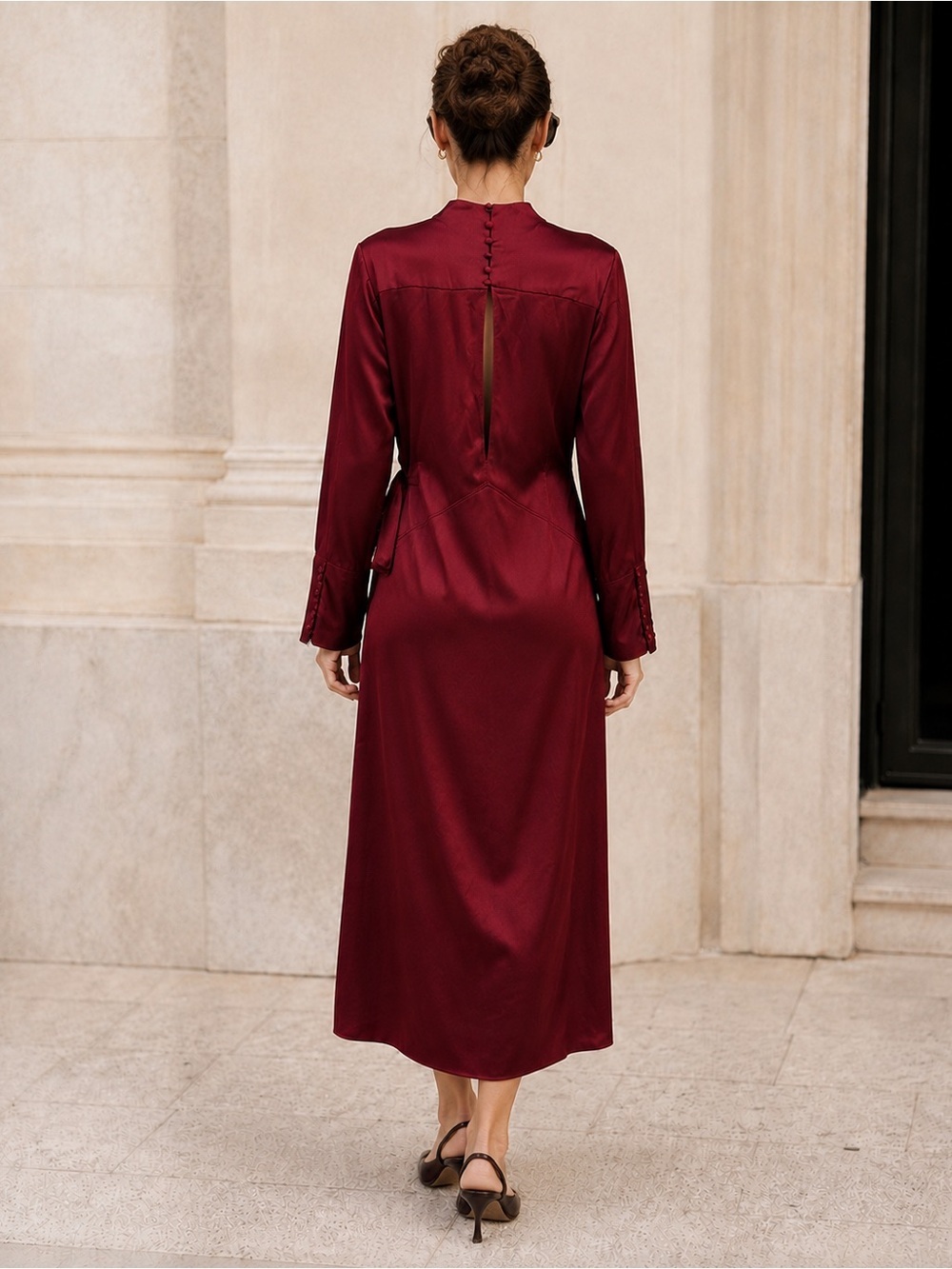 Zara Deep Burgundy Satin Tie-Waist Midi Dress Size M - Picture 2 of 11